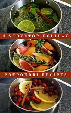 three pots filled with different types of fruit and vegetables on top of a stovetop