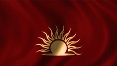 a flag with the sun on it is shown in gold and red colors, as well as waves