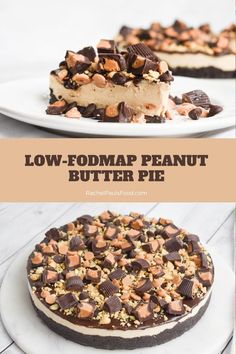 low - fodmap peanut butter pie on a white plate with text overlay