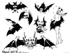 an old black and white drawing of bats with skulls on their backs, in different positions