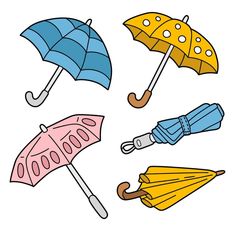 four different colored umbrellas with polka dots on the top one is blue, yellow and pink