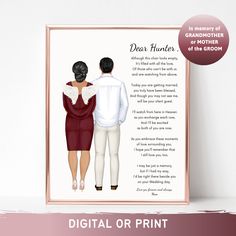 a digital print of a man and woman looking at each other with the words dear hunter on it