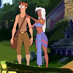 an animated man and woman standing next to each other in front of a castle with trees