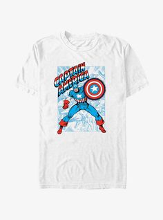 Lightweight 100% combed ring spun cottonWash cold; dry lowImportedListed in men's sizes Captain America Merch, Captain America Tshirt, Marvel Captain America, Tall Hoodies, Plus Size Fits, Socks And Tights, Sweaters And Jeans, Hot Topic, Captain America