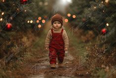 a little boy walking down a dirt road with christmas lights on the trees in the background