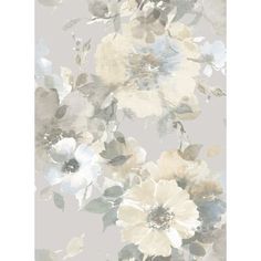 an abstract floral wallpaper with white and grey flowers on the bottom half of it