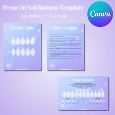 Cosmic Press on Nail Business Templates. Editable on Canva! Includes template for: -Nail packaging card -Sizing kit card -Application and removal card You don't need a Canva Pro account. Text, Font, Colors, Backgrounds, Shapes are all editable. The dimensions cannot be edited.  Dimensions: Press on nail display card and application: 8x10 cm (3x4 inches) Sizing Kit: 6x4 inches (10x15 cm) How to access the file after purchasing: 1. Go to "Purchases and Reviews" under your Etsy profile through Etsy Press On Nail Display, Press On Nails Business, Press On Nail Business, Nail Packaging, Nail Sizing Kit, Cosmic Nails, Nail Display, Packaging Card, Business Nails