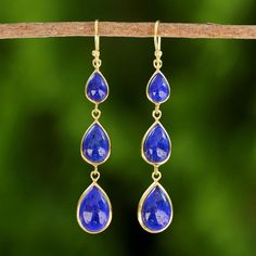 Gold Plated Thai Lapis Lazuli Teardrop Dangle Earrings - Nectar Drops | NOVICA #jewelry#birthstone#september#exotic#modern#blue#elegant Blue Teardrop Lapis Lazuli Earrings, Blue Lapis Lazuli Teardrop Earrings, Lapis Lazuli Teardrop Jewelry With Matching Earrings, Teardrop Lapis Lazuli Jewelry With Matching Earrings, Lapis Lazuli Dangle Earrings With Natural Stones, Blue Drop Earrings With Natural Stones, Lapis Lazuli Natural Stones Drop Earrings, Oscar Jewelry, Lapis Pendant