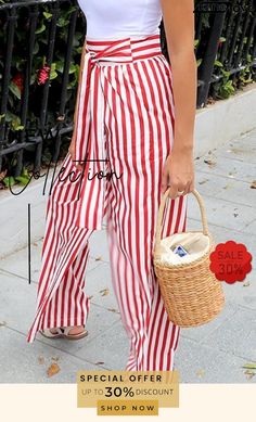 Stripe Knot Wide Leg Pants Striped Long Pants For Summer, Non-stretch Striped Summer Pants, Casual Belted Pants For Day Out, High Waist Striped Pants With Belt Loops, Striped Summer Trousers, Striped Trousers For Summer, Casual Belted Ankle-length Pants, Striped Wide-leg Summer Pants, Trendy Summer Wide Leg Pants With Tie Waist