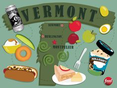 an illustrated map of vermont with food and drinks