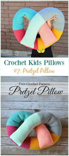 the crochet kids'pillows pattern is shown in three different colors and sizes