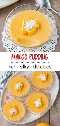 easy mango pudding recipe on a plate with coconut garnishes and text overlay that reads easy mango pudding rich, silky, so good