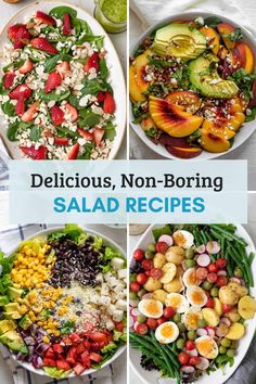 four different salads are shown with the words delicious, non - boring salad recipes