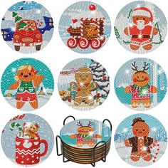 cross stitch christmas coasters with santa, reindeer, snowman and train on them