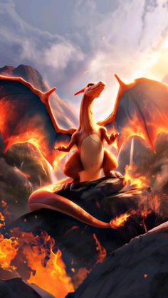 a fire breathing dragon sitting on top of a rock