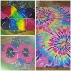 three pictures of different colored balls of yarn on the floor and in front of a tie - dyed table cloth