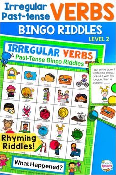 a poster with words and pictures on it that say, irregular verbs bingo riddles level 2