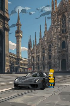 a cartoon character standing next to a sports car in front of a castle like building