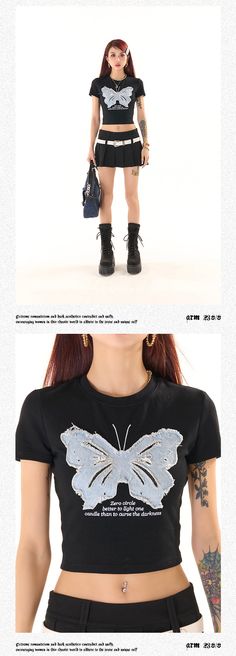 Age: 18-24 years oldSize: S M L XLPattern: AnimalsStyle: StreetStreet: Sports and leisureCollar: Round neckPopular elements: embroidery/embroideryMain color: BlackSleeve type: RegularSKU: T5168E31Season: SpringYear Season: Spring 2023Sleeve length: Short sleevesThickness: RegularLength: ShortClothing fit: slim fitMaterial composition: cotton Black Top With Letter Embroidery For Streetwear, Black Embroidered Tops For Winter, Black Crew Neck Top With Letter Embroidery, Patchwork Butterfly, Short Sleeve Cropped Top, 24 Years Old, Animal Fashion, Cropped Top, Short Outfits