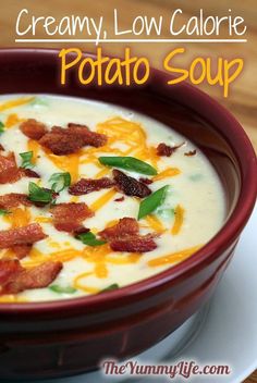 creamy low calorie potato soup in a red bowl with bacon and cheese on top