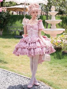 Pink Princess Corset Waist Dress Ruffle Skirt Lolita OP with Big Bow at Back Pink Princess Corset, Princess Corset, Fairy Kawaii, Green Princess, Op Dress, Corset Waist, Pink Corset, Big Bow, Big Bows