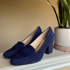 Excellent Condition. Never Worn! Make Me An Offer And Treat Yourself! Blue Heels For Workwear In Fall, Elegant Blue Loafers For Workwear, Elegant Blue Loafers For Work, Blue Closed Toe Loafers For Work, Blue Closed Toe Loafers For Workwear, Blue Slip-on Office Heels, Blue Closed Toe Loafers For Office, Blue Slip-on Heels For Work, Chic Blue Pointed Toe Loafers