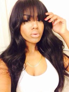 Bodywave hair with thin Chinese bangs.....we everything about this look....xoxo Frontal Hairstyles, Sew In, Wigs With Bangs