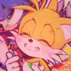 the sonic and tails characters are hugging in front of each other with their eyes closed