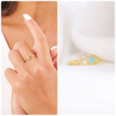 Your Gold Turquoise Evil Eye Ring is stylish, dainty and pretty ideal for everyday use. Details of solid gold handmade Dainty Good Luck Ring are very eye-catching. It is a great gift for your loved ones. This jewelry will be an indispensable piece of yours. This meaningful Gold Devil Eye Band with high quality handwork will be a legacy you can leave to your family its.  * Turquoise Evil Eye Ring Details * Material / Gold Kt : This elegant ring is made of 14k and 18k Solid Gold * Available Gold C Eye Band, Devil Eye, Evil Eye Ring, Rose Gold Band, Eye Ring, Elegant Ring, Evil Eye Jewelry, Eye Jewelry, Gold Bands