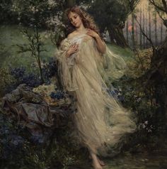 a painting of a woman in a white dress standing next to trees and bushes with bluebells around her