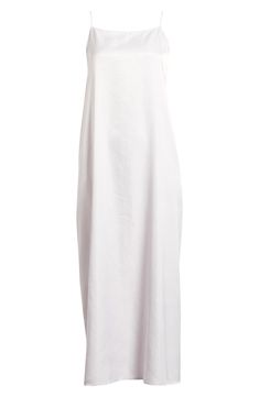 A glossy satin slipdress is styled to flow and perfected with a pair of pockets and a deeply dipped back. 48" center front length (size Medium) Square neck Adjustable straps Side-seam pockets Drawstring scoop back 100% polyester Hand wash, line dry Imported White Spring Maxi Sleep Dress, White Maxi Sleep Dress For Spring, Spring Loungewear Slip Dress, Spring Slip Dress For Loungewear, Spring Solid Color Slip Dress For Loungewear, Spring Midi Length Slip Dress For Sleep, Spring Daywear Solid Slip Dress, Solid Color Slip Dress For Spring Daywear, Spring Casual Slip Dress For Sleep