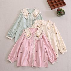 Material: Polyester Measurement cm in Shoulder 40 15.75 Bust 124 48.82 Sleeve 56 22.05 Length 67 26.38 Cute Spring Blouse With Peter Pan Collar, Sweet Crew Neck Top For Spring, Spring Blouse With Cute Collar, Cute Long Sleeve Spring Tops, Cute Long Sleeve Tops For Spring, Pink Long Sleeve Blouse With Lace Collar, Cotton Blouse With Floral Embroidery And Doll Collar, Cute Pink Cotton Shirt, Sweet Long Sleeve Blouse For Spring