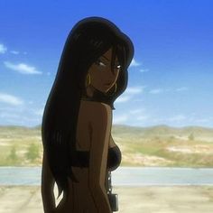 an animated image of a woman with long black hair standing in front of a body of water