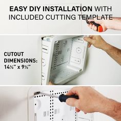 the instructions for how to install an electrical outlet in a wall mounted cabinet with holes and screws