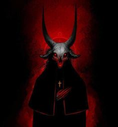 a demonic demon with horns and a cross on his chest, standing in front of a red background