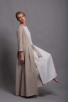 Long Natural Flax Linen Jacket Long Linen Skirt, Linen Coat, Linen Cardigan, Estilo Hippie, Linen Fashion, Mode Abaya, Linen Jackets, Womens Jackets, Linen Jacket