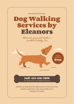 a flyer for a dog walking service by the owner's company, featuring an image of a brown dog