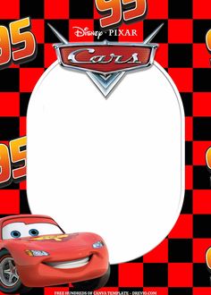 the cars movie character is shown in front of a red and black checkered background