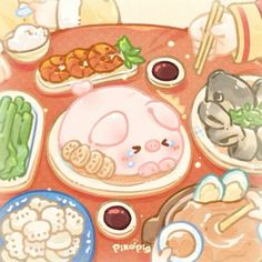 a painting of food on a table with cats and other items around it, including rice