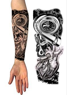 a man's arm covered in tattoos next to an image of a motorcycle engine