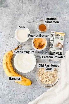 ingredients to make an oatmeal smoothie laid out on a table