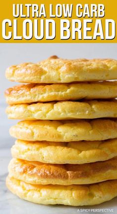 a stack of pancakes with text overlay that reads, how to make ultra low carb cloud bread