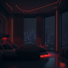 a bed in a room with red lights on the ceiling and windows to the other side