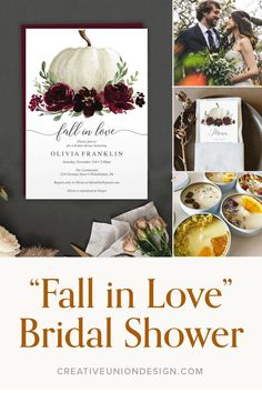 the fall in love bridal shower is shown with flowers and leaves on it, along with