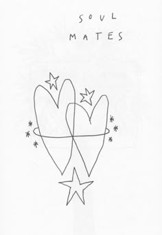 a black and white drawing of two hearts with stars on them, the words soul mates written