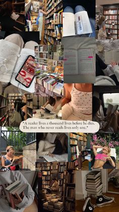 a collage of photos with people reading books