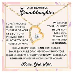 a gold necklace with the words to my beautiful granddaughter on it and a heart shaped diamond pendant