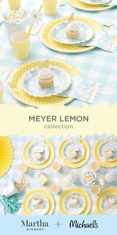 a table with yellow plates and cupcakes on it, next to a blue and white checkered table cloth