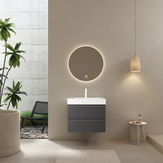 a white sink sitting under a round mirror next to a potted plant in a bathroom