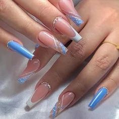 White Nails Designs Acrylic, Birthday Glam Nails, Baby Blue Nails, Blue Acrylic Nails, Coffin Press On Nails, Stick On Nails, Artificial Nails, Rhinestone Nails